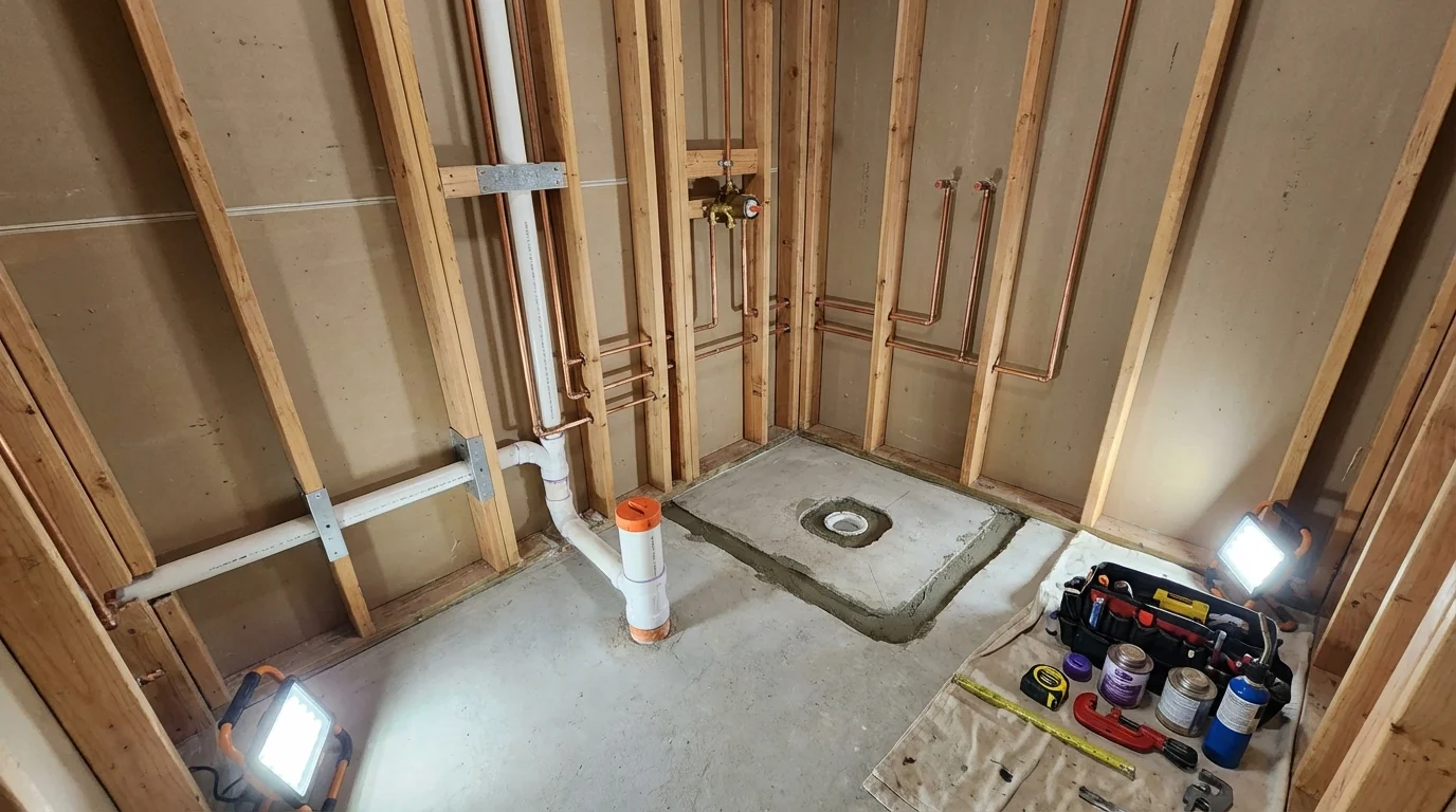 Bathroom rough-in plumbing during remodel by Johns Plumbing LLC in Poestenkill