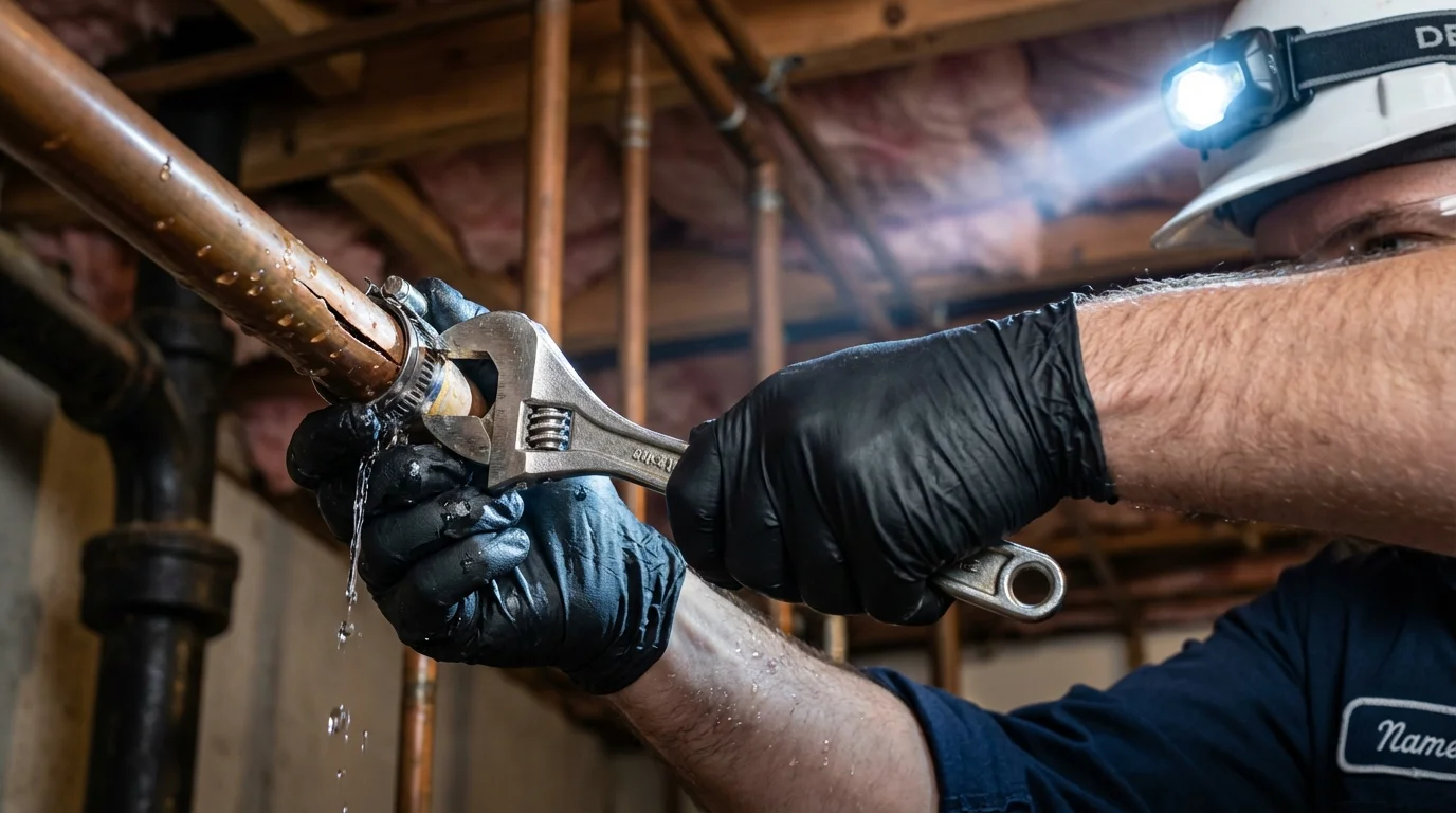 Emergency pipe clamp repair being performed by a Johns Plumbing LLC plumber in Poestenkill
