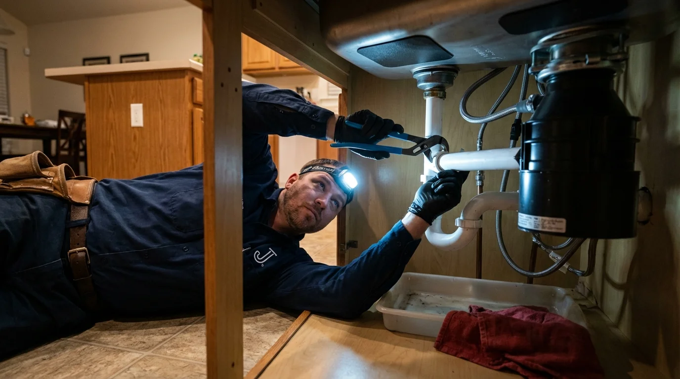 P-trap and supply line connections under a kitchen sink showing a common leak point in Poestenkill, NY